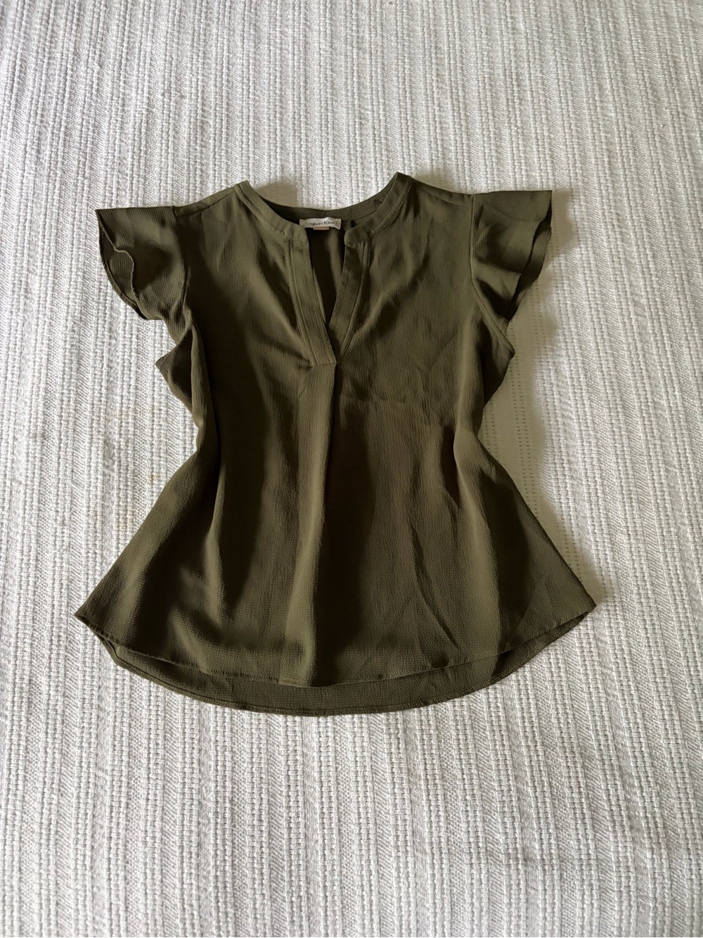 Calvin Klein Olive Green Flutter Sleeve Split V-Neck Blouse - Size Medium